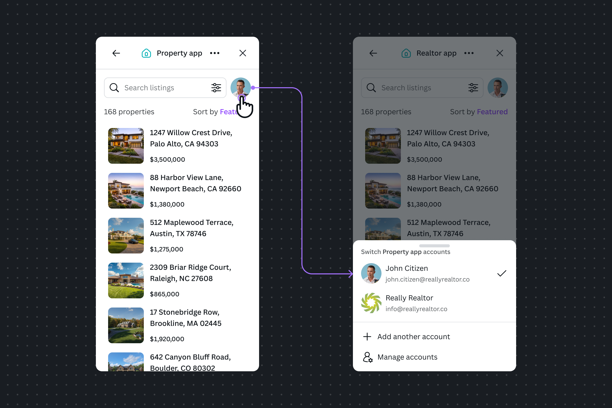 User clicks on the avatar button, showing user profile picture without additional text, to open the Account Switcher menu