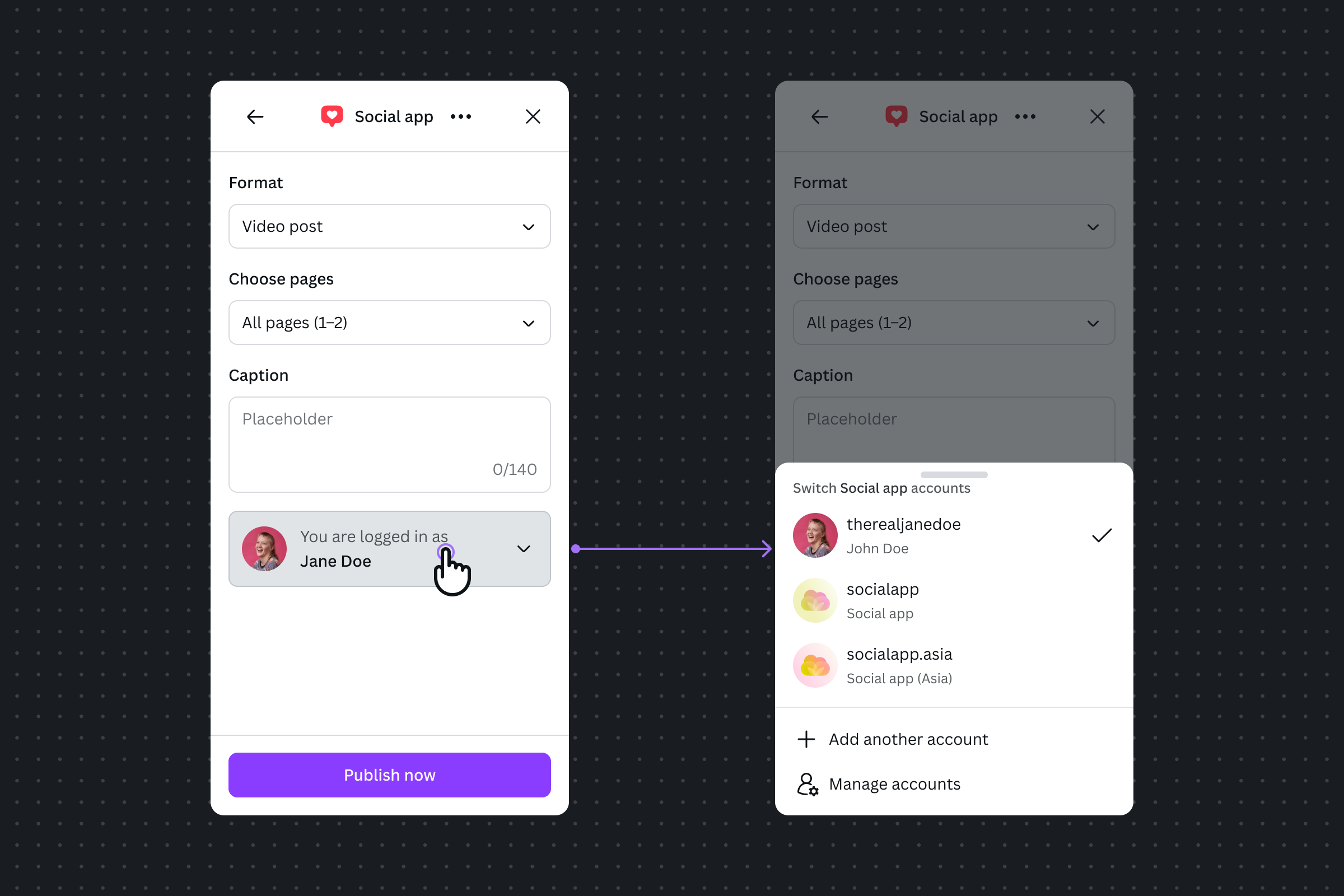 User clicks on the drop-down button showing current account with avatar, username "John Doe", email "johndoe@mail.com", and chevron icon indicating expandable menu