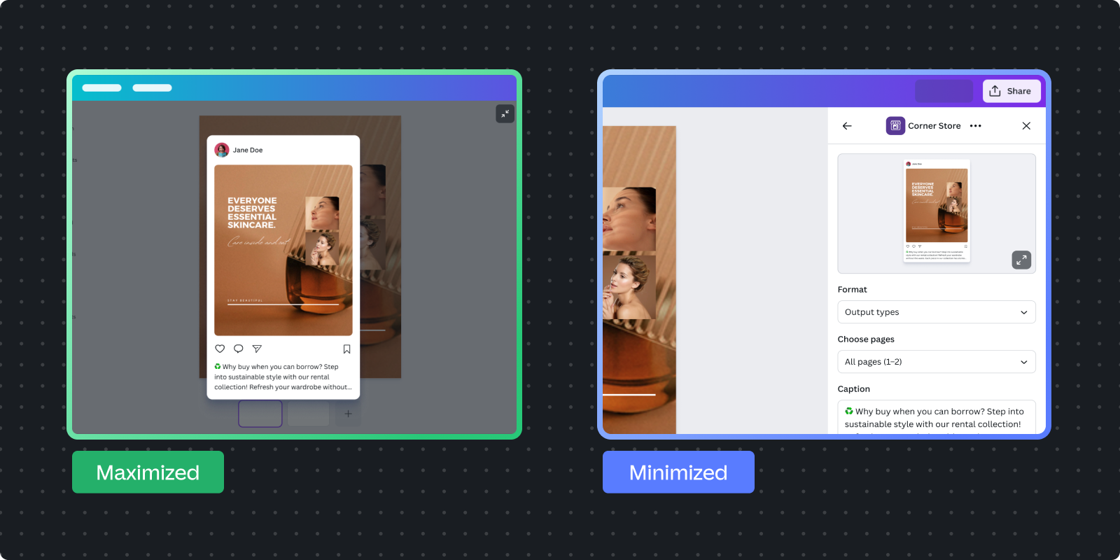 Side-by-side comparison of App Preview UI in maximized state showing full social media post preview and minimized state showing collapsed preview with settings panel