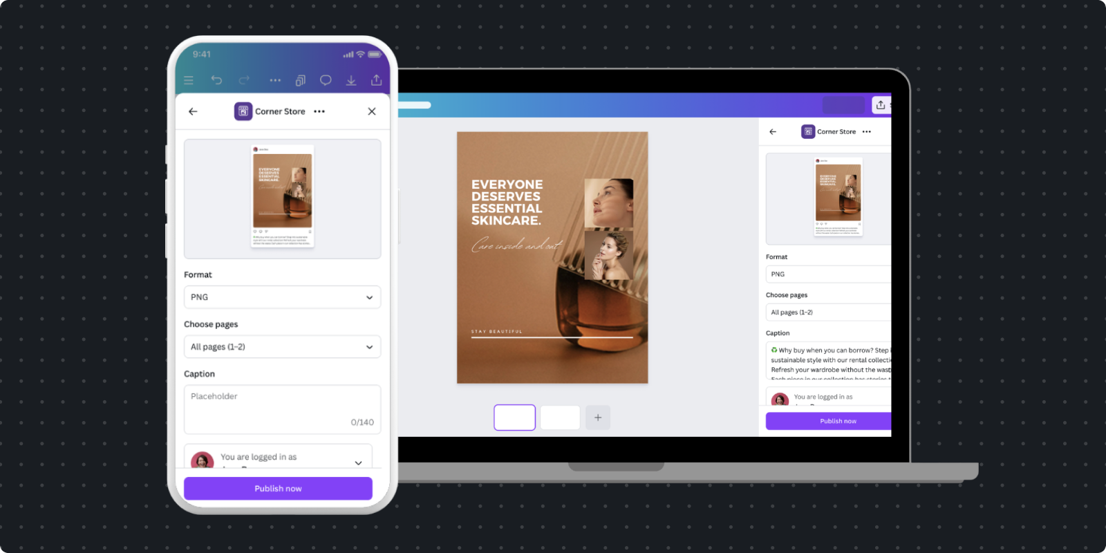 App Preview UI displayed across mobile, and desktop viewports showing responsive design with settings panel and minified preview of a social media post