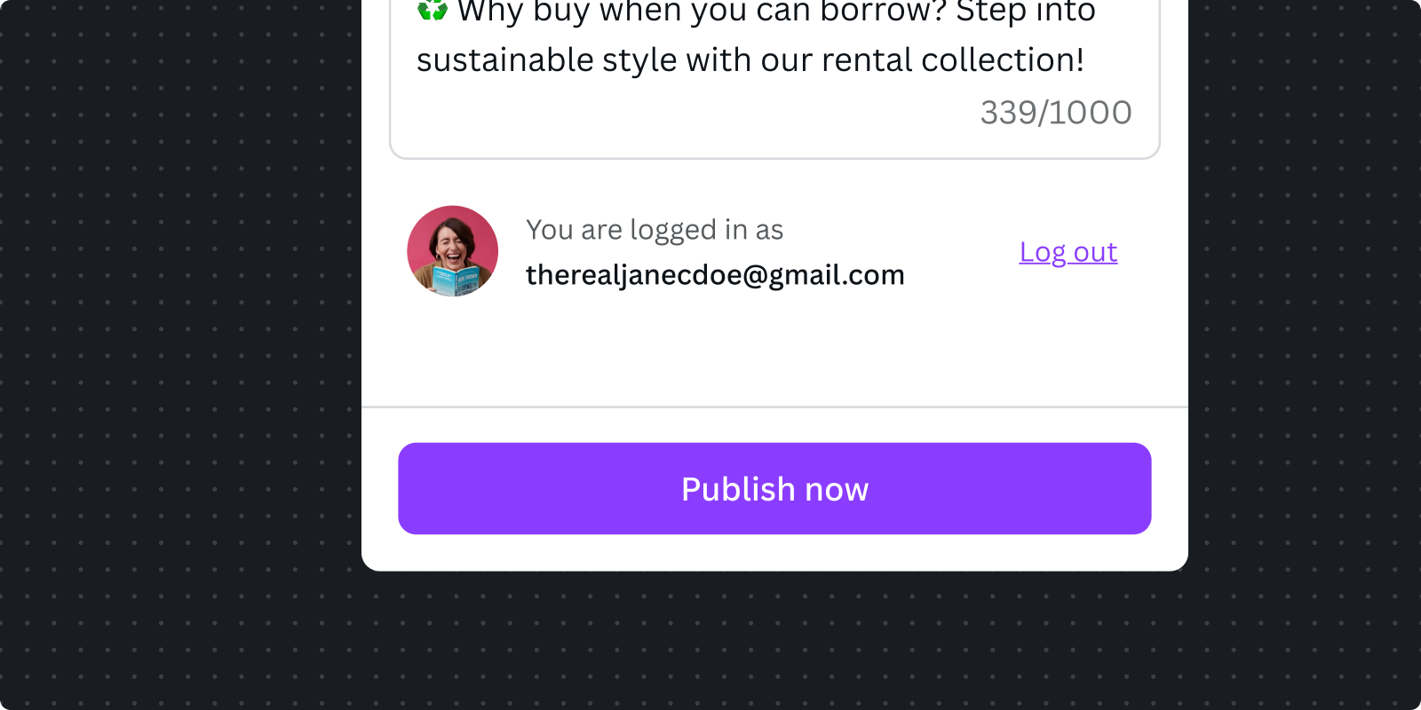 Authentication section showing user profile picture, logged-in email address 'therealjanecdoe@gmail.com', and 'Log out' link