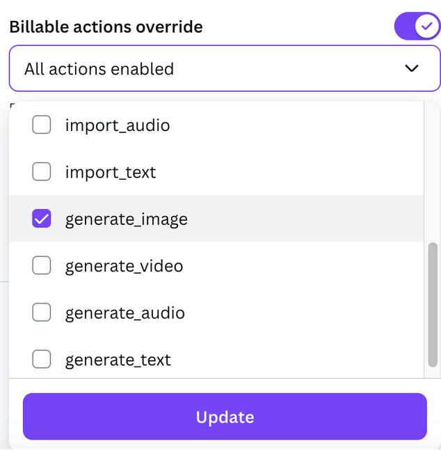Billable actions override menu