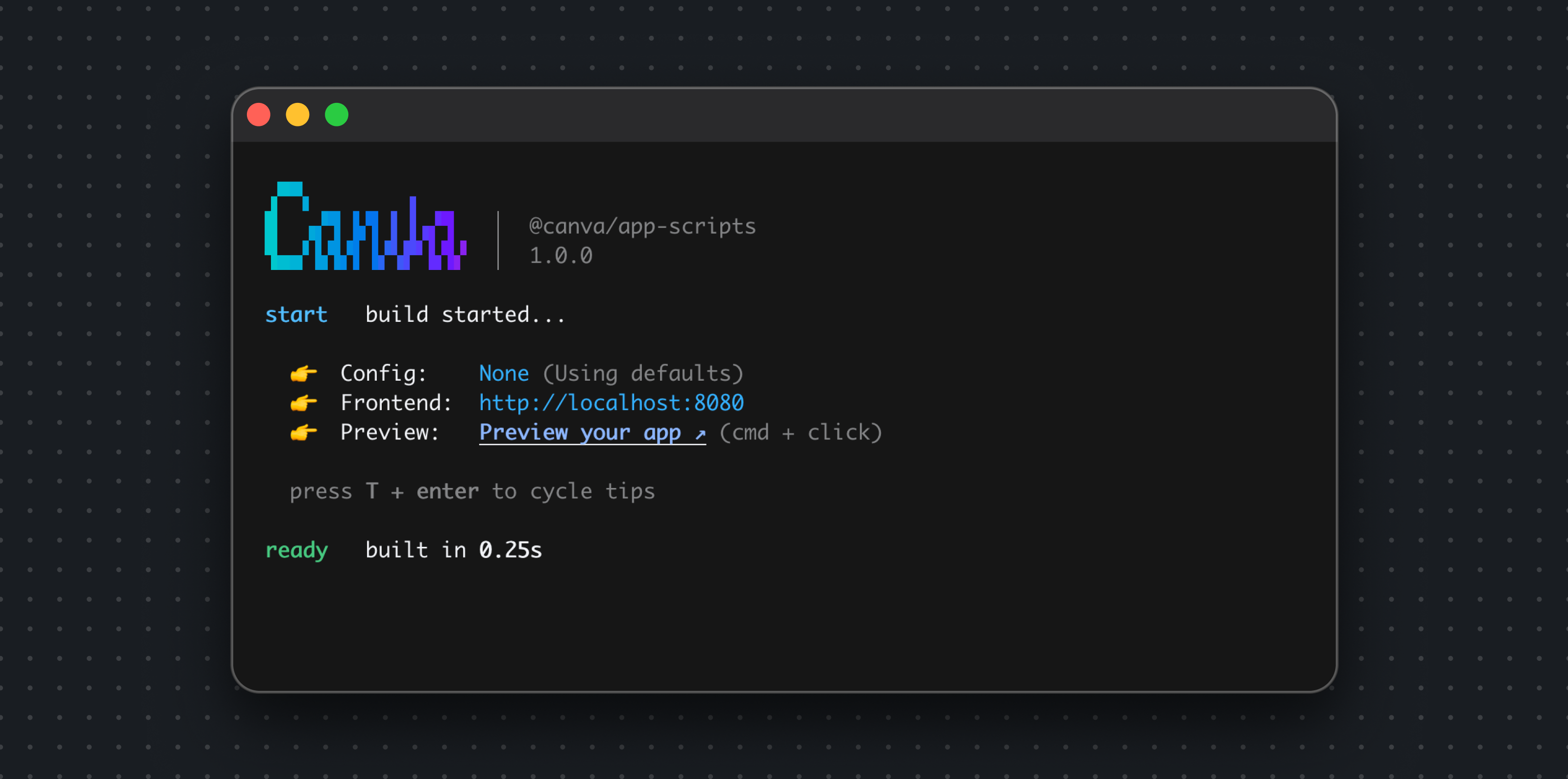 Terminal output of canva apps start, showing the frontend URL and a link to preview the app