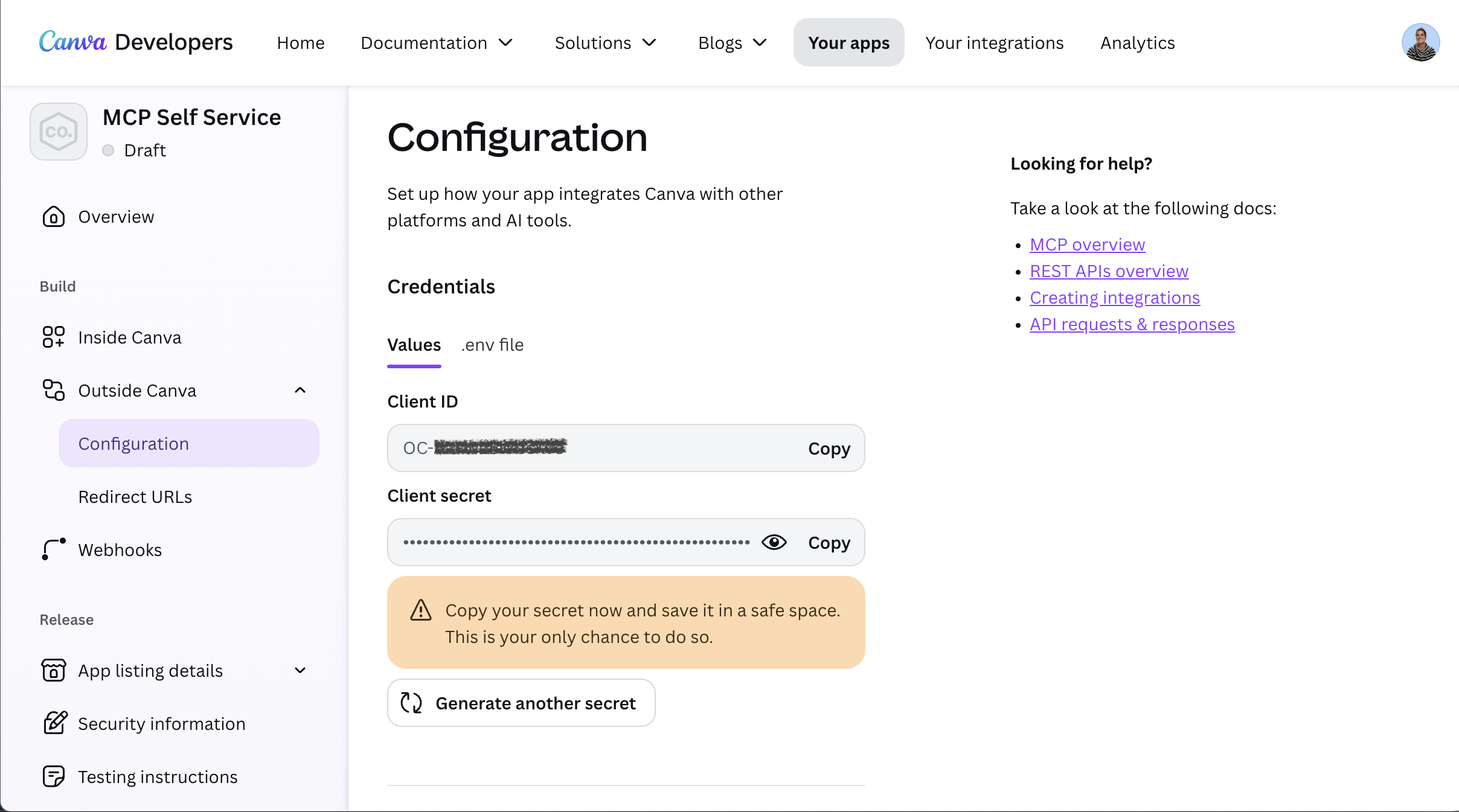 The Developer Portal credentials section, with the client ID and masked client secret