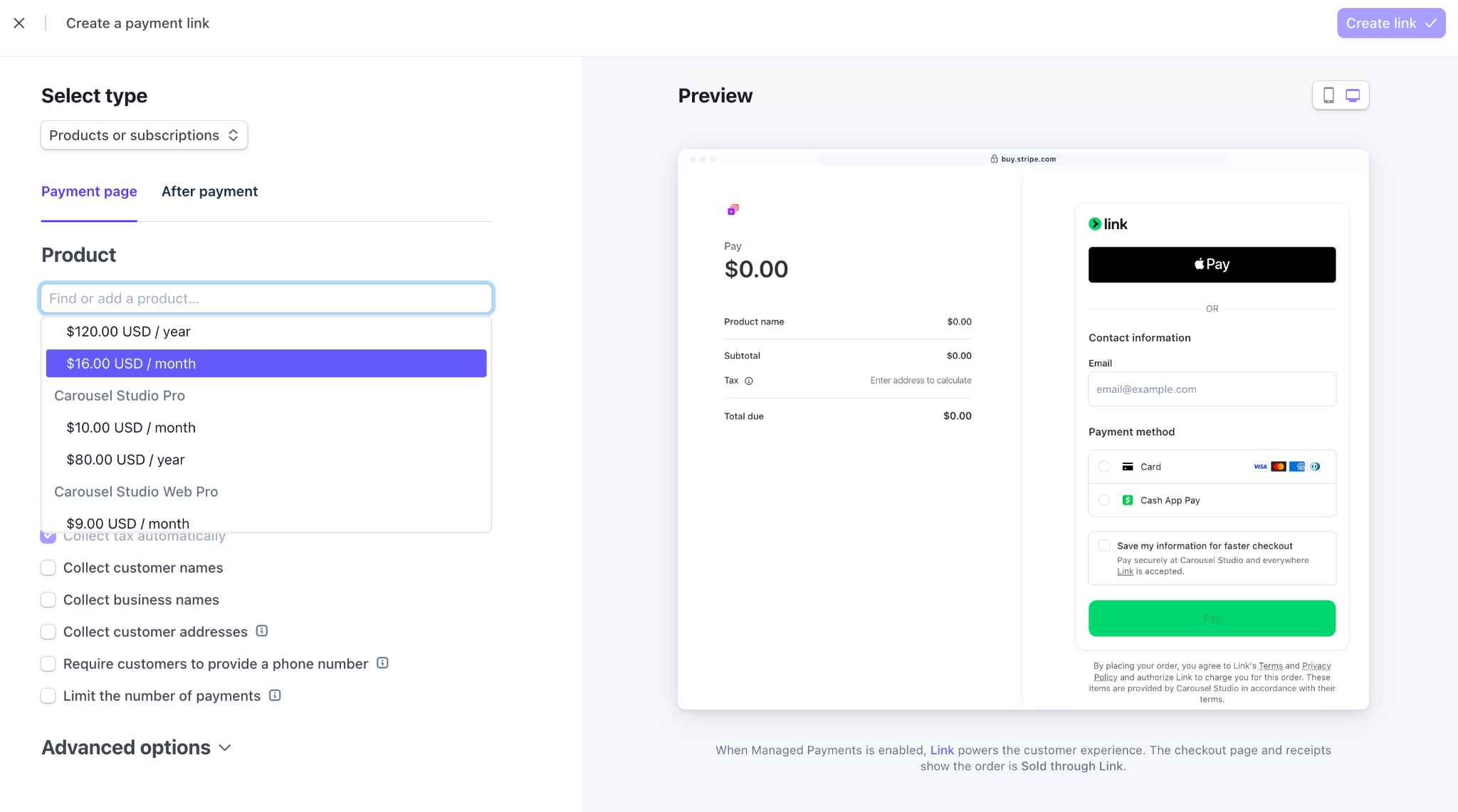 Screenshot of the Stripe dashboard where a payment link is created and configured for checkout.