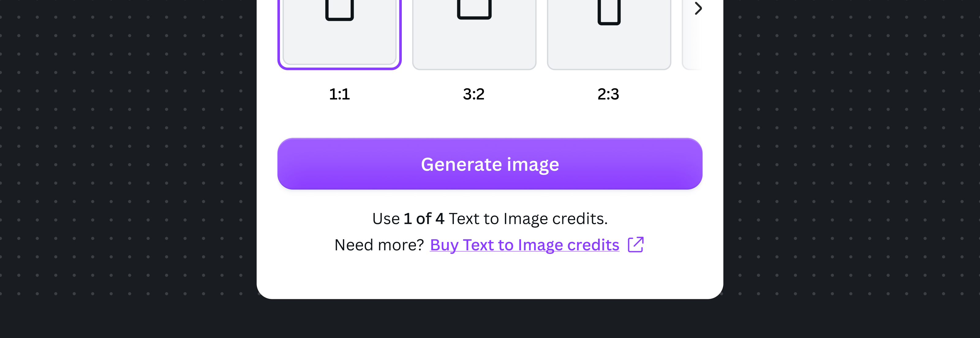 A credit-based example for a Text to Image app, showing 'Use 1 of 4 Text to Image credits.' and a 'Buy Text to Image credits' link below the Generate image button.