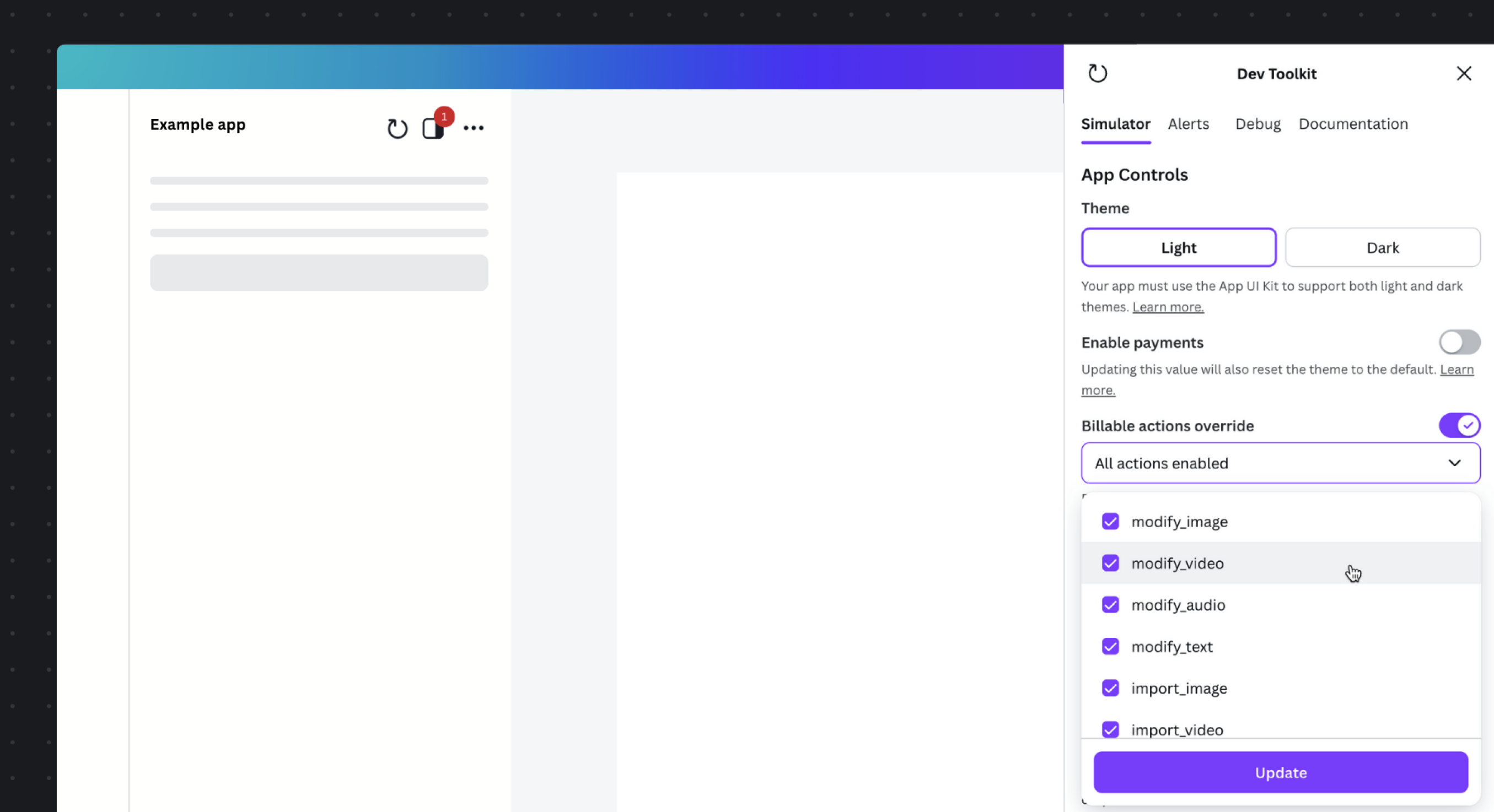 Dev Toolkit showing the Billable actions override options