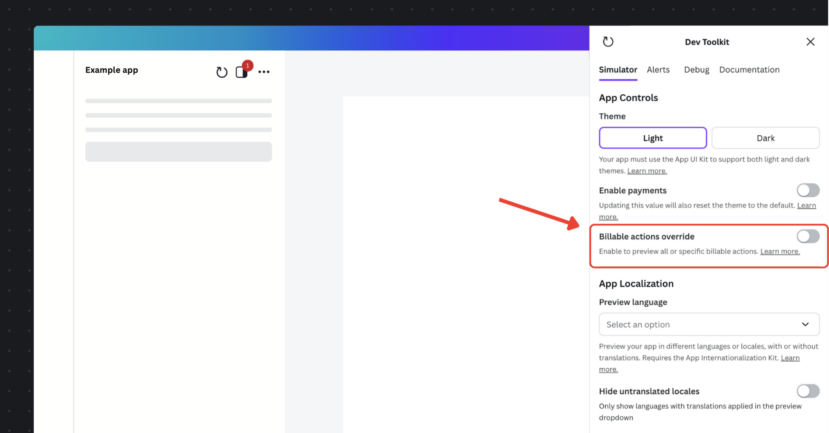 Dev Toolkit showing the Billable actions override toggle