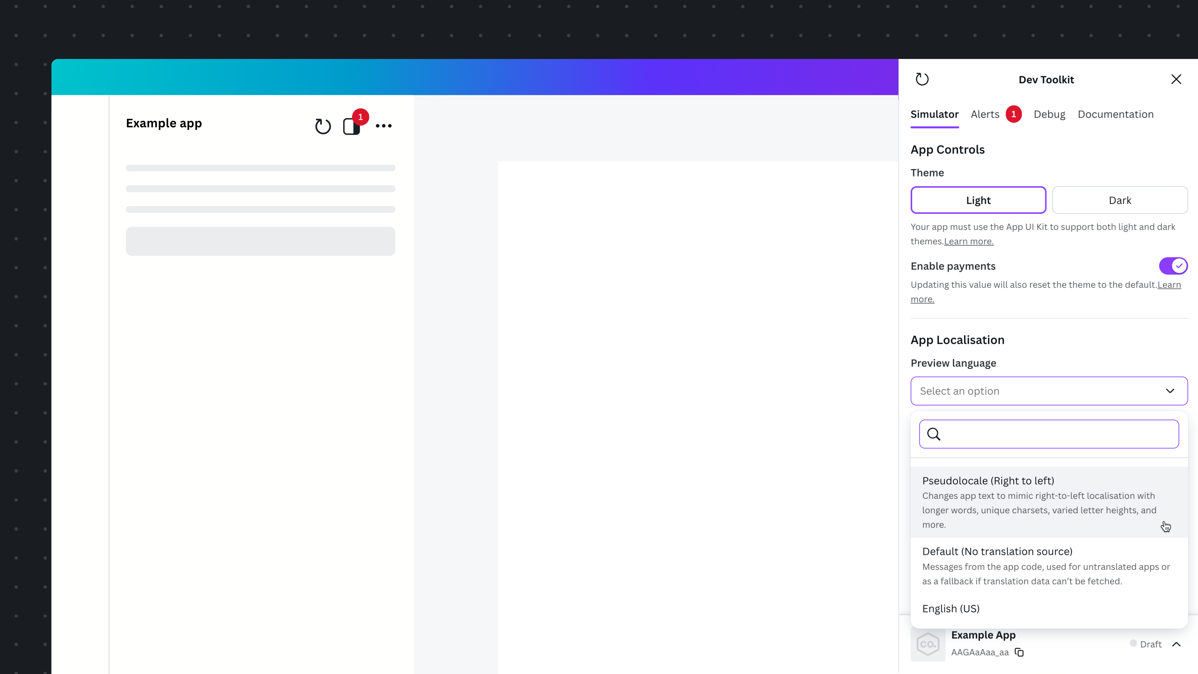 Dev Toolkit with the pseudolocalize option selected