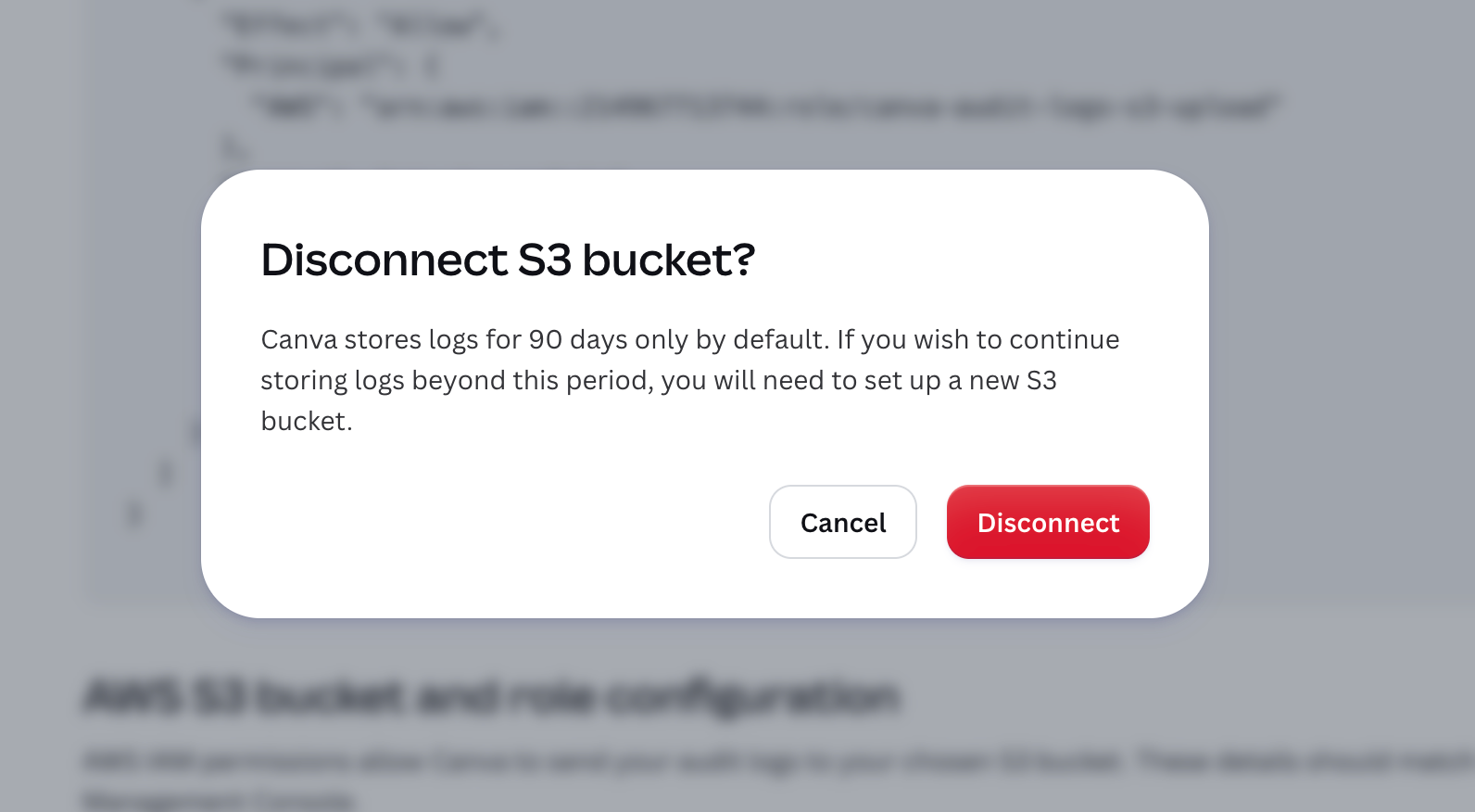 The Disconnect S3 bucket confirmation dialog, with Cancel and Disconnect buttons