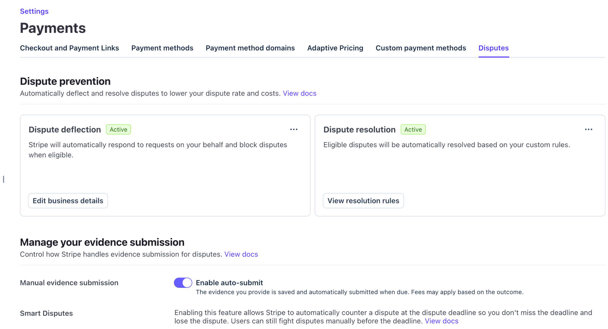 Screenshot of Stripe dispute management options for deflection and resolution workflows.