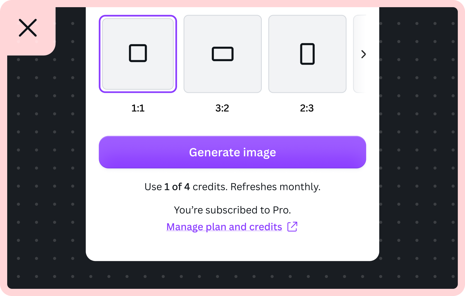 Don't: the same Text to Image app whose monetization status uses generic labels, with 'Use 1 of 4 credits.', 'You're subscribed to Pro.', and a 'Manage plan and credits' link.
