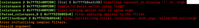 FFmpeg output shows error due to invalid color space selection