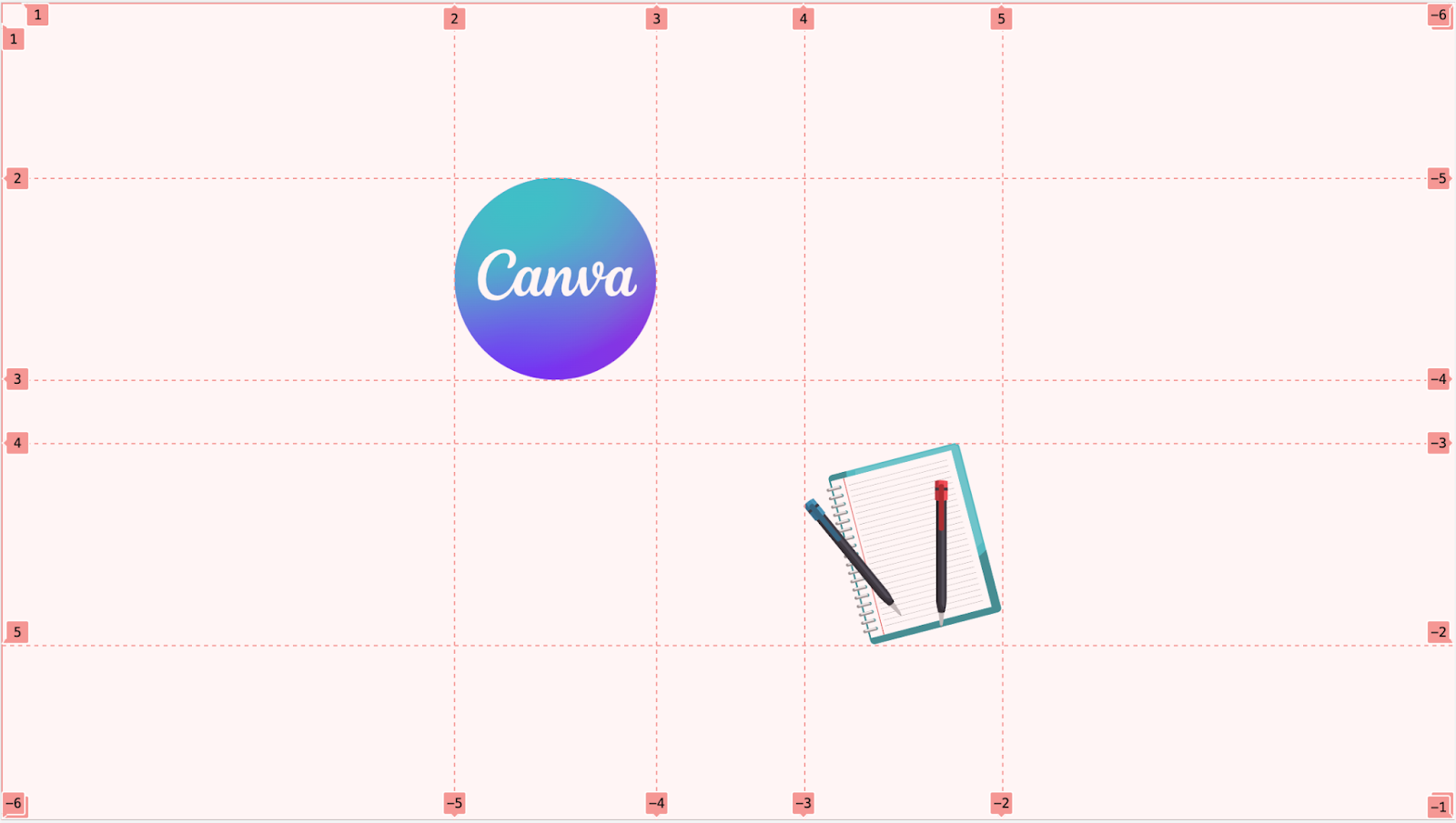A basic design with two elements: a Canva logo and notepad. There are gridlines overlaid on the design.