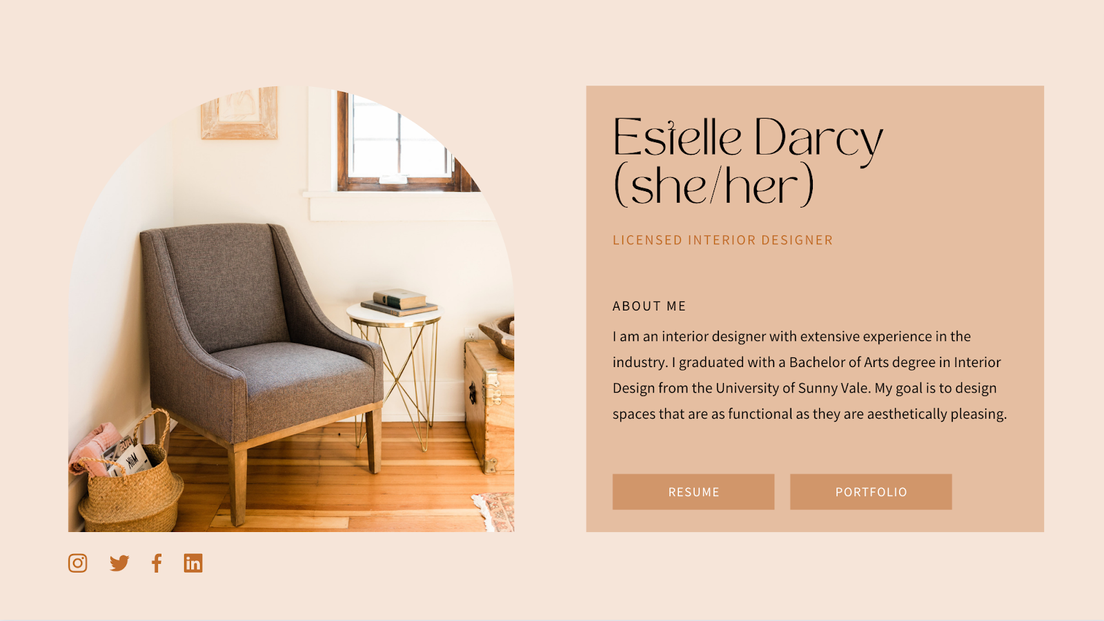 A beautiful Canva template featuring a sofa, coffee table with a book on it and wooden flooring in a well-lit apartment. The template is states "Estelle Darcy" with resume and portfolio buttons.