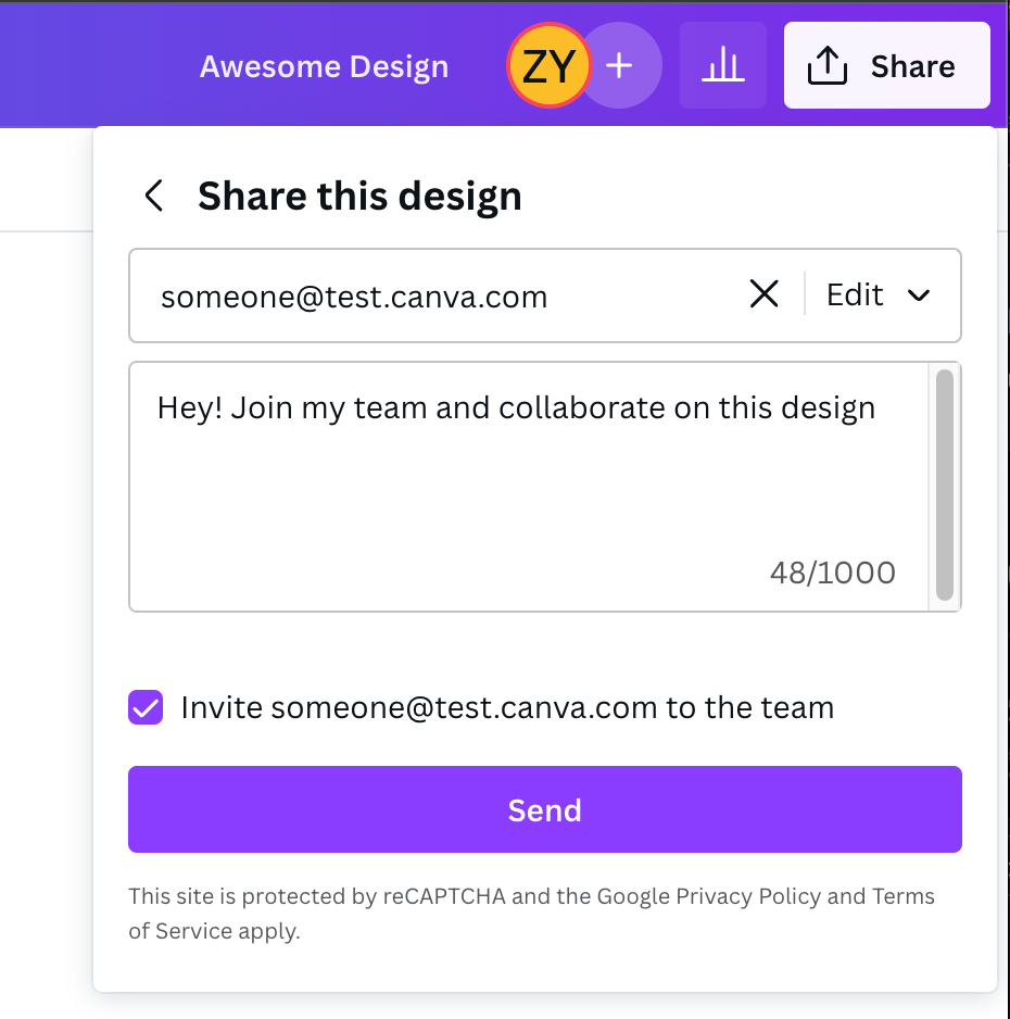 An image showing the share dropdown, with the design being shared to "someone@test.canva.com", with message "Hey! Join my team and collaborate on this design"