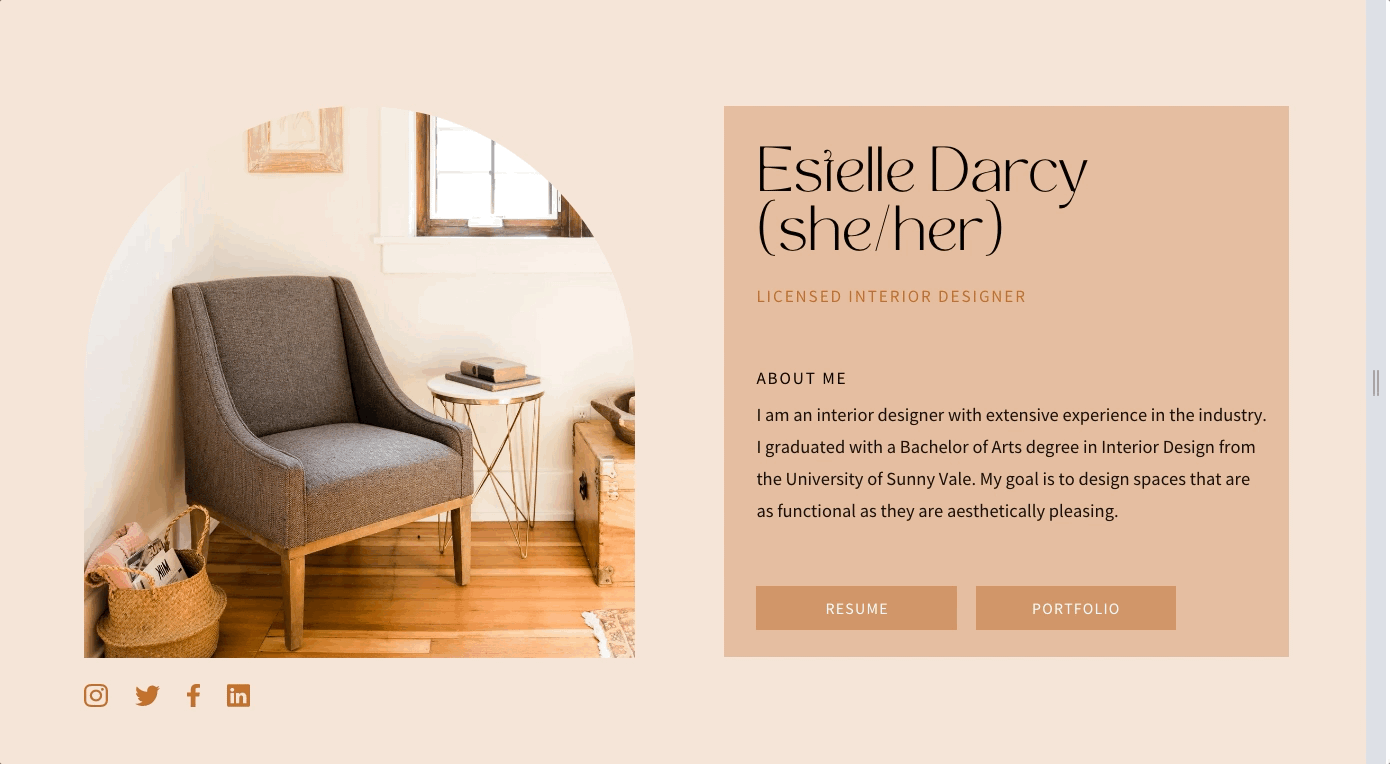 A beautiful Canva template featuring a sofa, coffee table with a book on it and wooden flooring in a well-lit apartment. The template is states "Estelle Darcy" with resume and portfolio buttons. This version allows resizing but the reflow of the elements is not consistent, resulting in overlaps that causes the template to be aesthetically not pleasing.