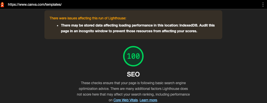Example lighthouse report for one of our top performing SEO pages. An example issue is mentioned. A number 100 appears in the center of the image, showing a perfect score.