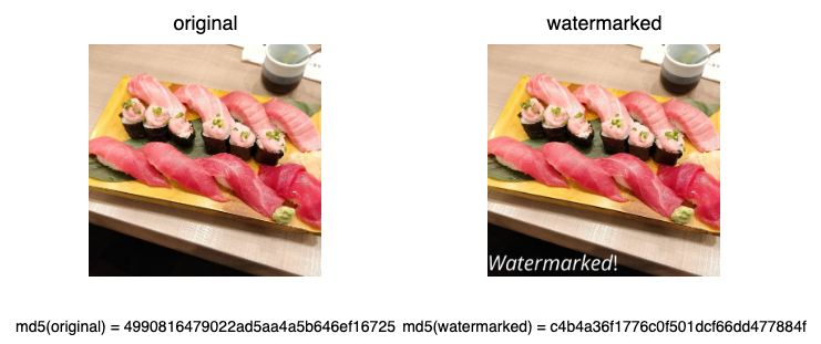Two photos of sushi side by side with their MD5 hashes below each. The right photo has been modified with a watermark.