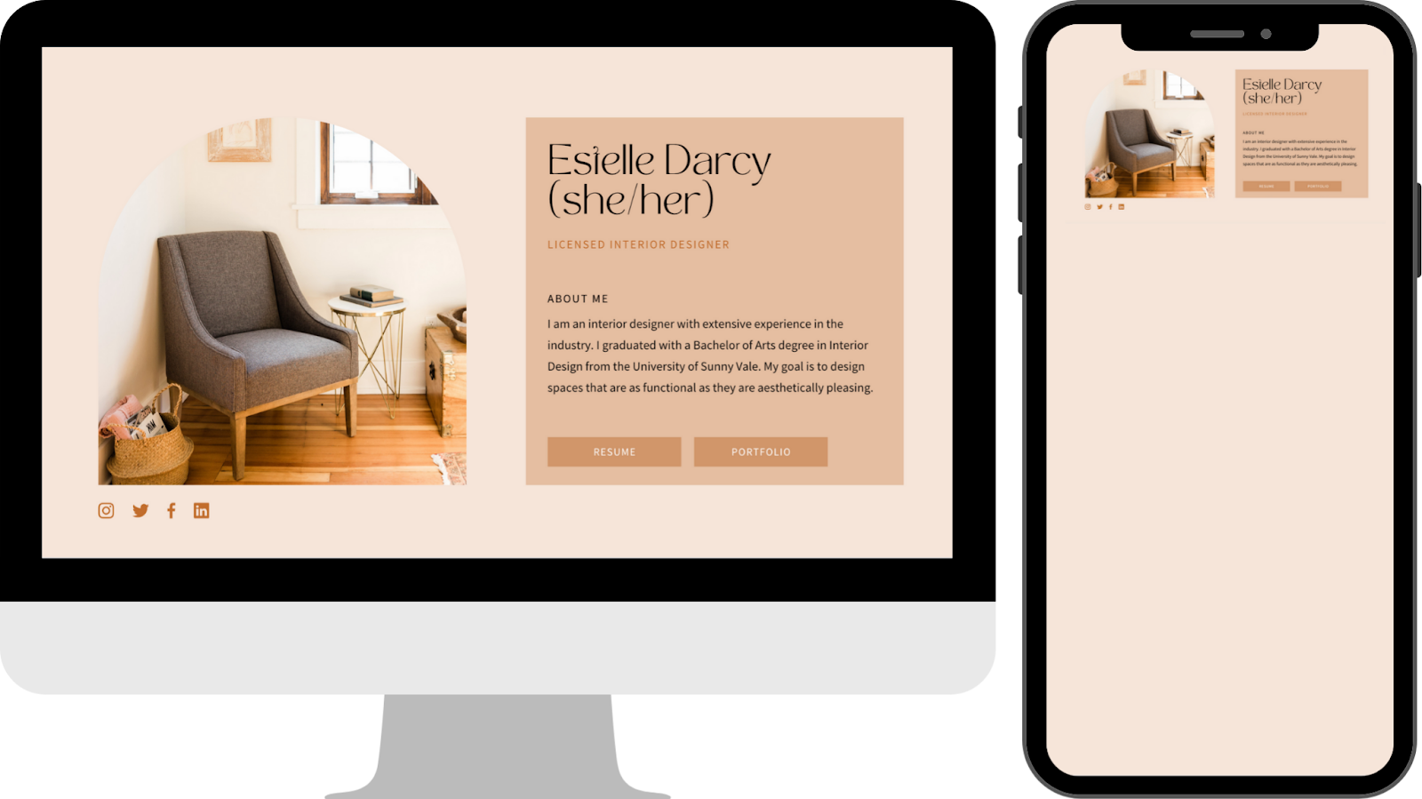 A beautiful Canva template featuring a sofa, coffee table with a book on it and wooden flooring in a well-lit apartment. The template is states "Estelle Darcy" with resume and portfolio buttons. They are illustrated on a desktop and mobile device to show the difference in scaling, with the mobile version scaled to look too small that it's no longer legible.