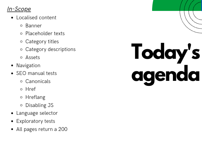 Example Test Party agenda before launching a localized product page. Some heading includes Localised content, Navigation, SEO manual tests, Language selector, Exploratory tests and All pages return a 200