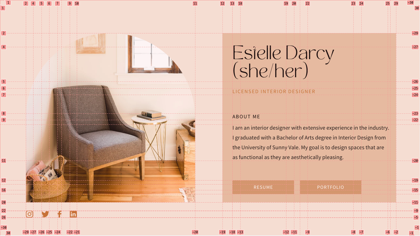 A beautiful Canva template featuring a sofa, coffee table with a book on it and wooden flooring in a well-lit apartment. The template is states "Estelle Darcy" with resume and portfolio buttons. There are grids to split the template into small sections.