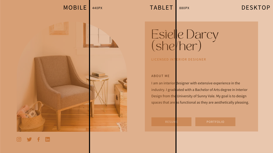 A beautiful Canva template featuring a sofa, coffee table with a book on it and wooden flooring in a well-lit apartment. The template is states "Estelle Darcy" with resume and portfolio buttons. Size of mobile, tablet and desktop screen resolutions are overlaid on the template.