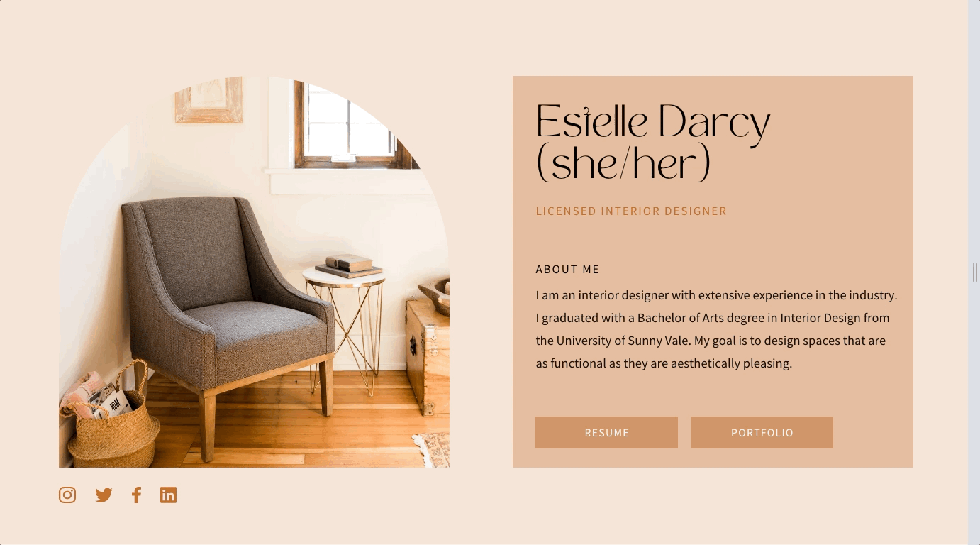 A beautiful Canva template featuring a sofa, coffee table with a book on it and wooden flooring in a well-lit apartment. The template is states "Estelle Darcy" with resume and portfolio buttons. The template is resized dynamically.