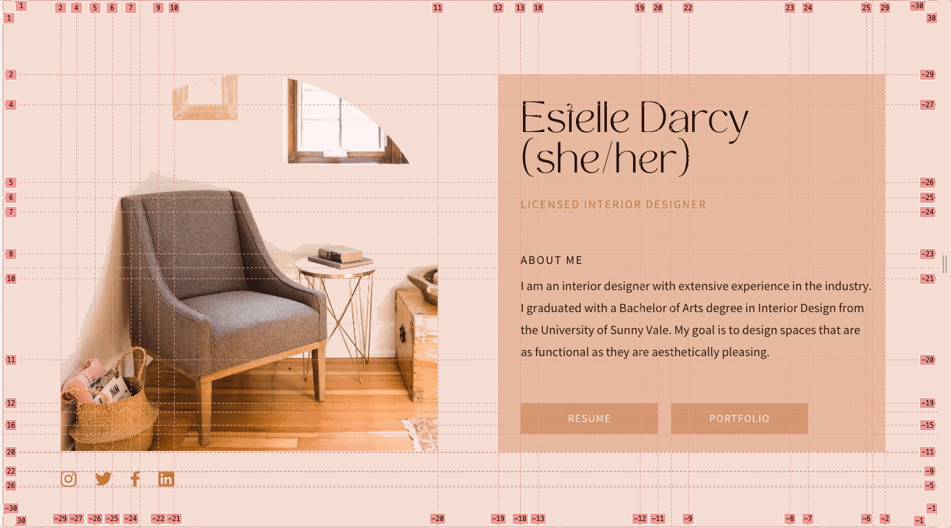 A beautiful Canva template featuring a sofa, coffee table with a book on it and wooden flooring in a well-lit apartment. The template is states "Estelle Darcy" with resume and portfolio buttons. max-content was used to help expand the rows. Elements no longer overlap and a responsive experience is achieved.