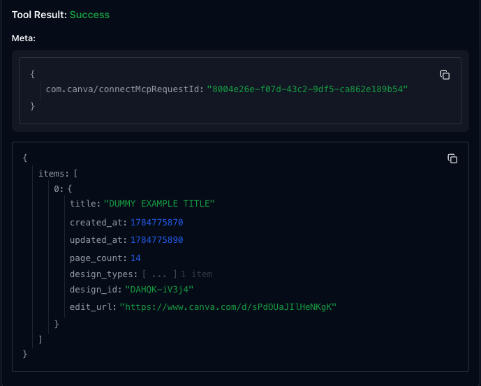 A successful search-designs call in Inspector, showing the JSON response in the results panel