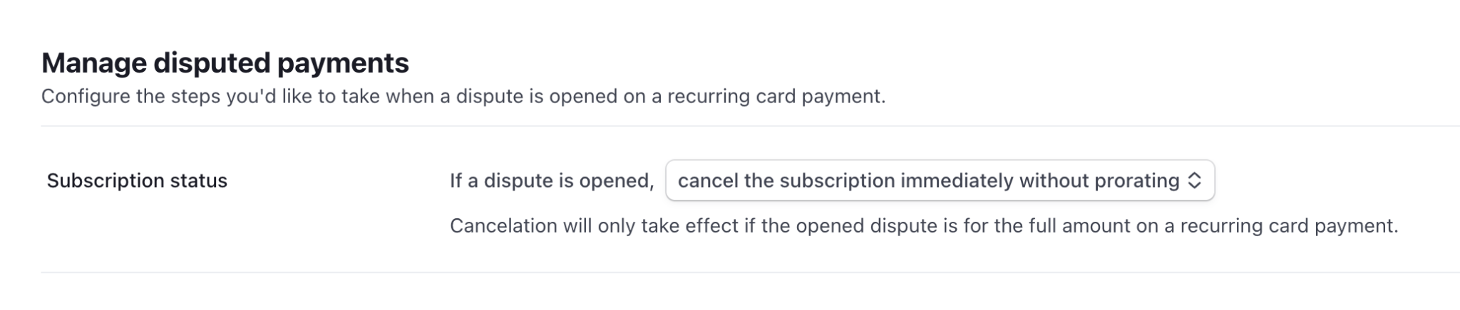 Screenshot of Stripe billing settings for managing disputed payments and cancellations.