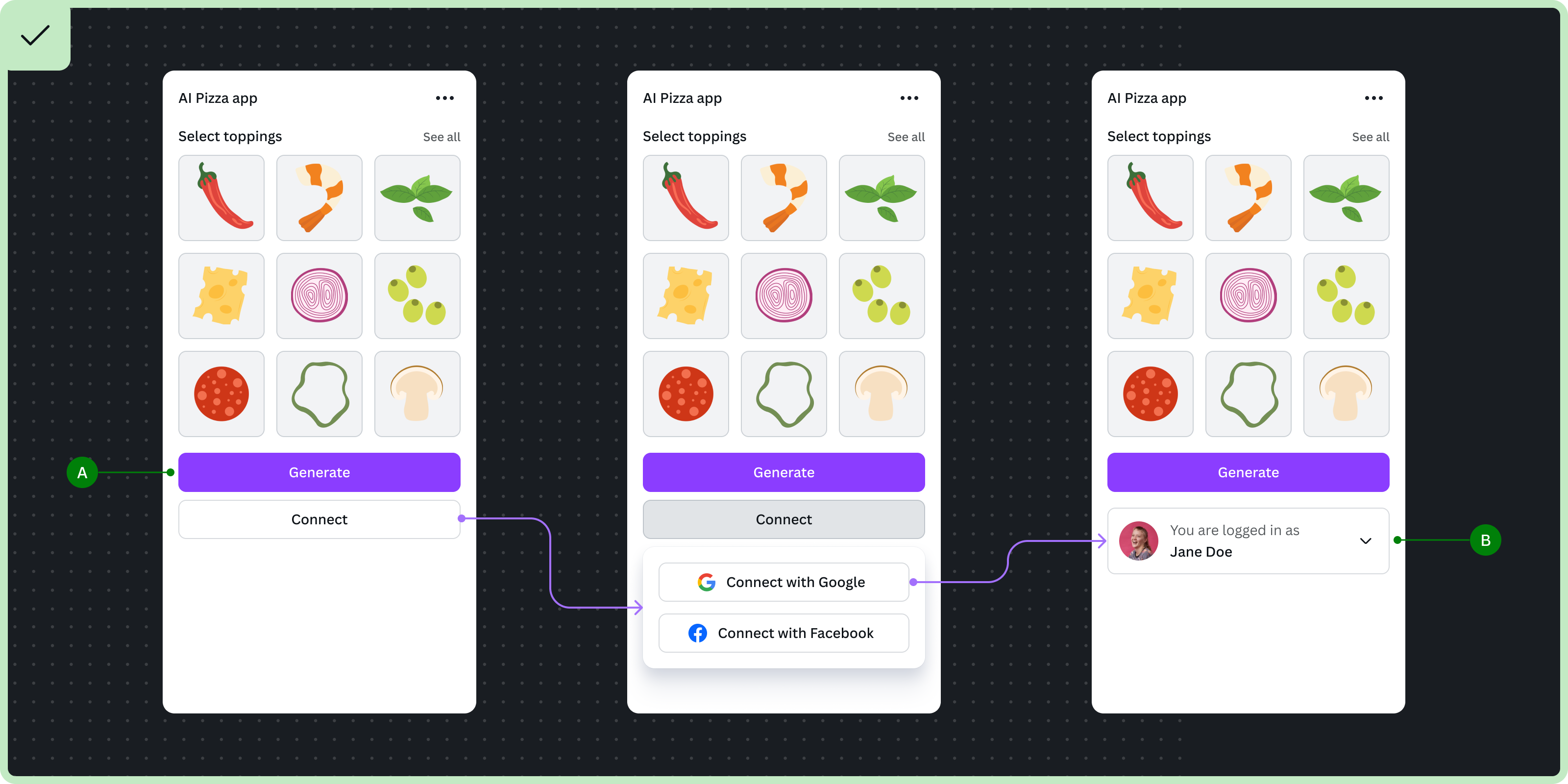 Two-panel interface showing optional authentication: left panel displays secondary button triggering flyout menu with provider list, right panel shows authenticated state with disconnect/switch account options near trigger button
