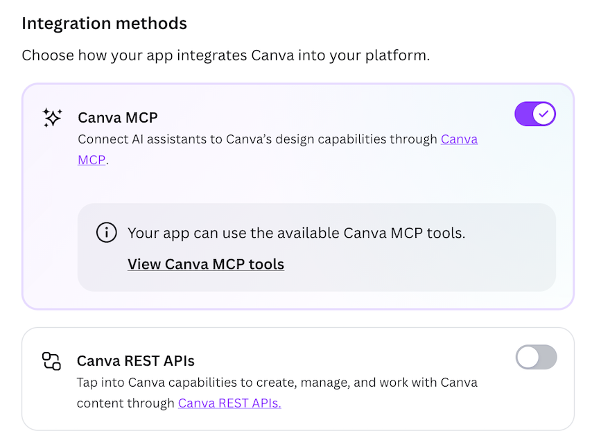 The Integration methods section of the Developer Portal, with the Canva MCP toggle turned on and the Canva REST APIs toggle turned off