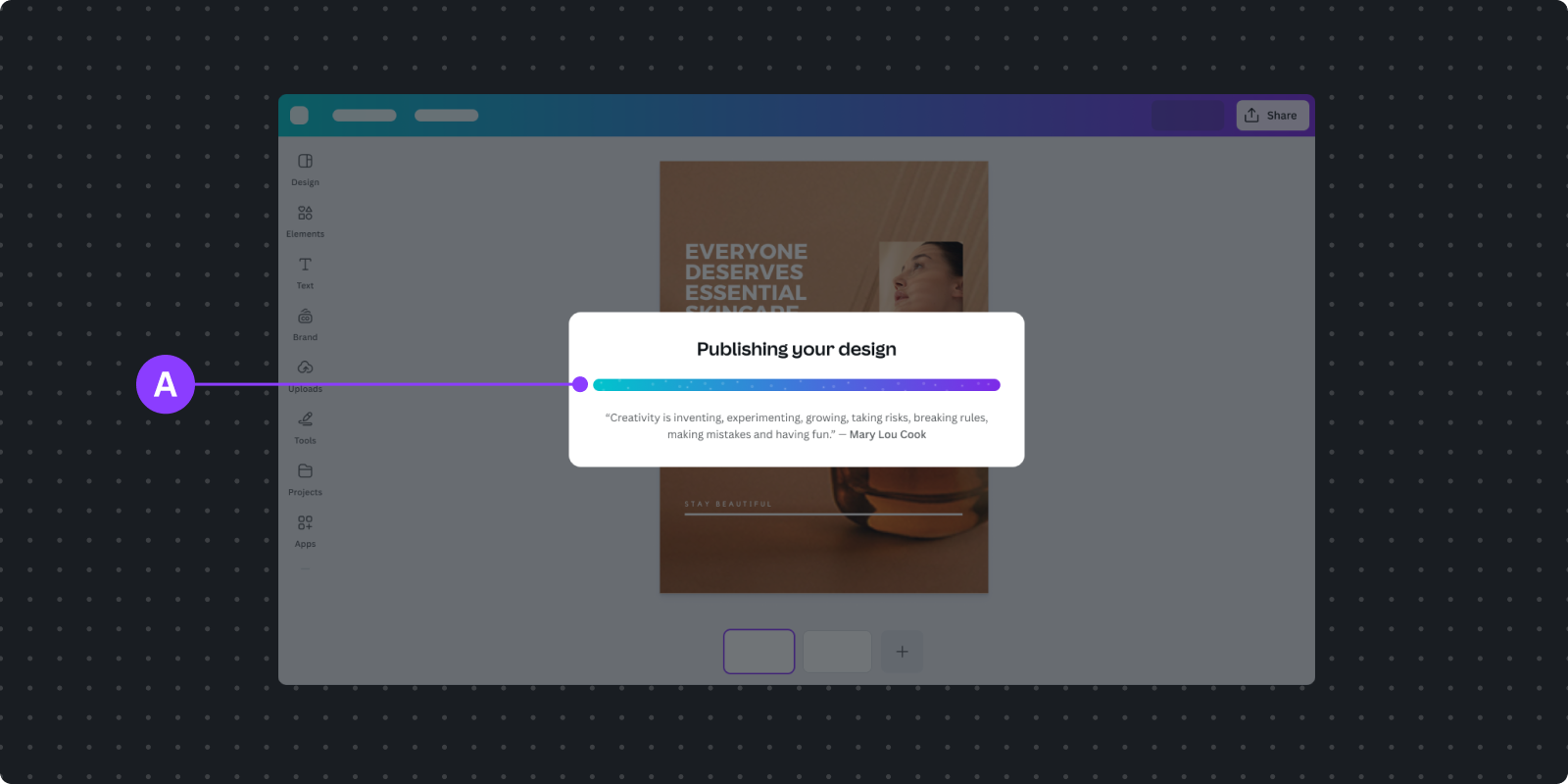 Modal dialog displaying 'Publishing your design' heading with progress bar (A) and inspirational quote about creativity