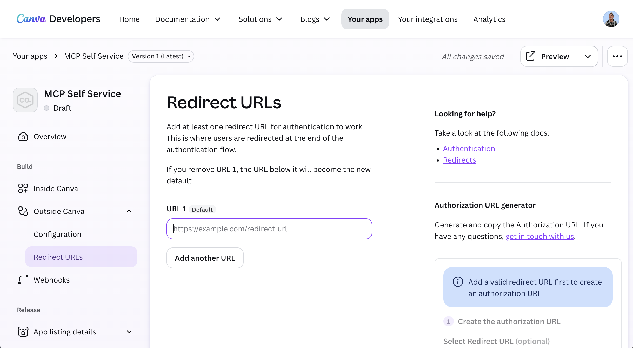 The Developer Portal Redirect URLs page