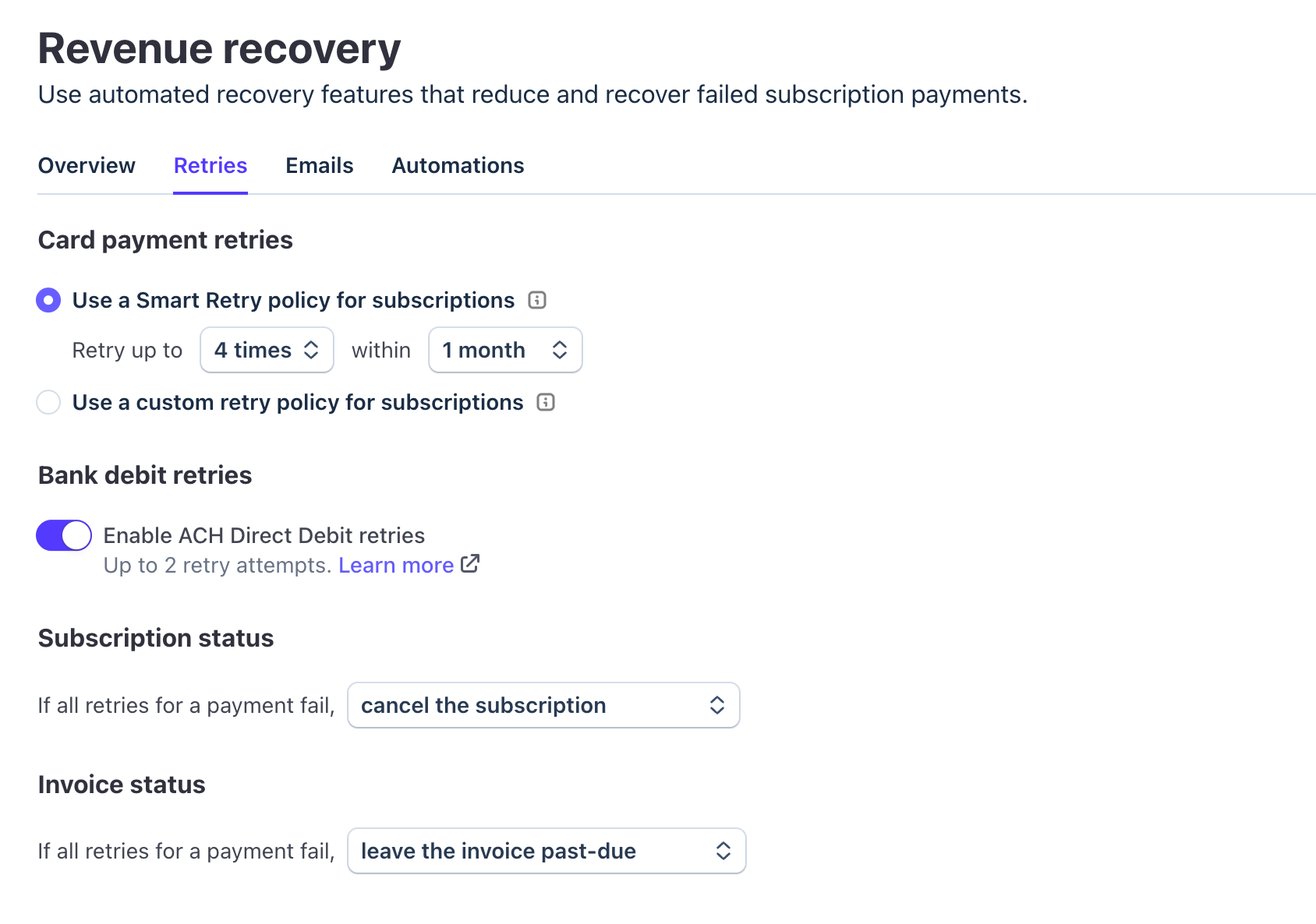 Screenshot of Stripe smart retries settings for retrying failed subscription payments.