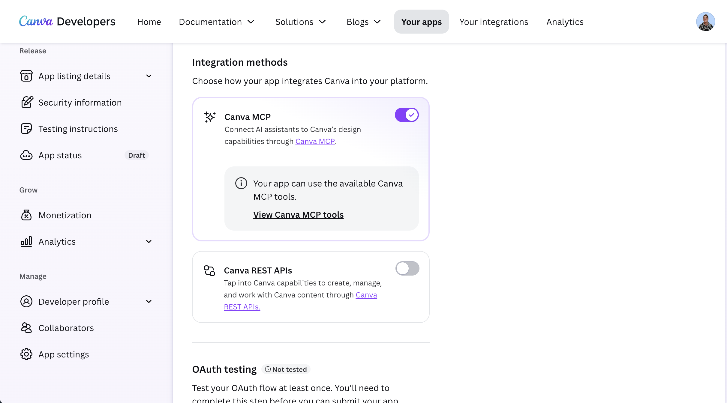 The Integration methods section, with Canva MCP enabled and Canva REST APIs turned off