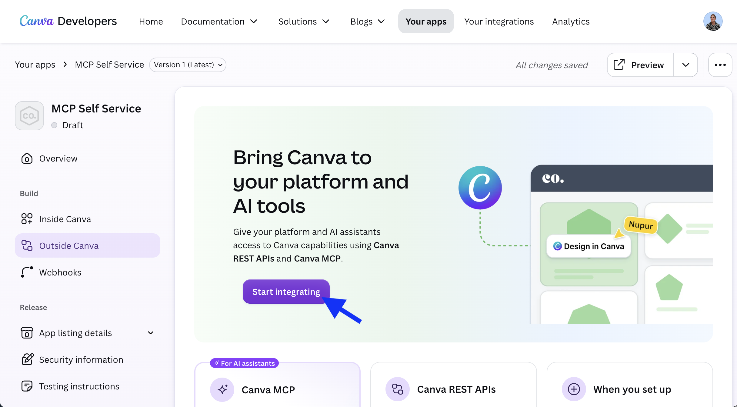 The Developer Portal app outside Canva start page, with the Start integrating button highlighted