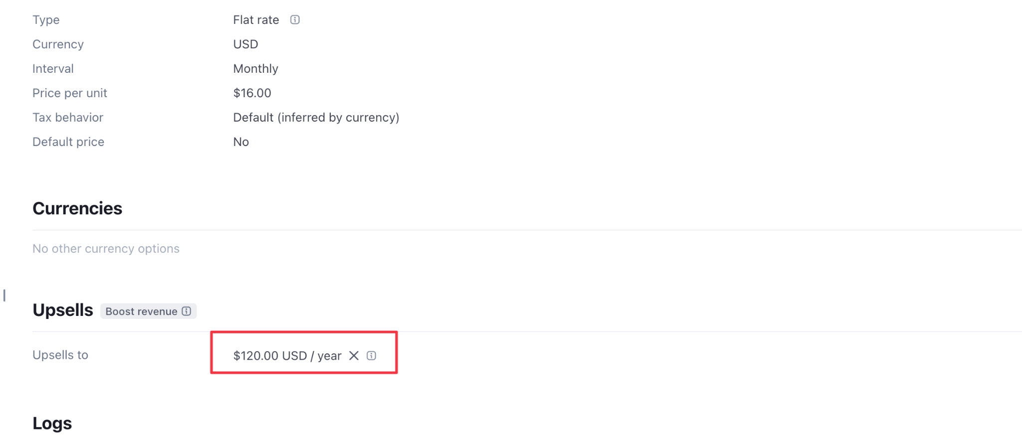 Screenshot of Stripe Payment Links setup showing a recurring pricing plan and upsell options for a subscription app.