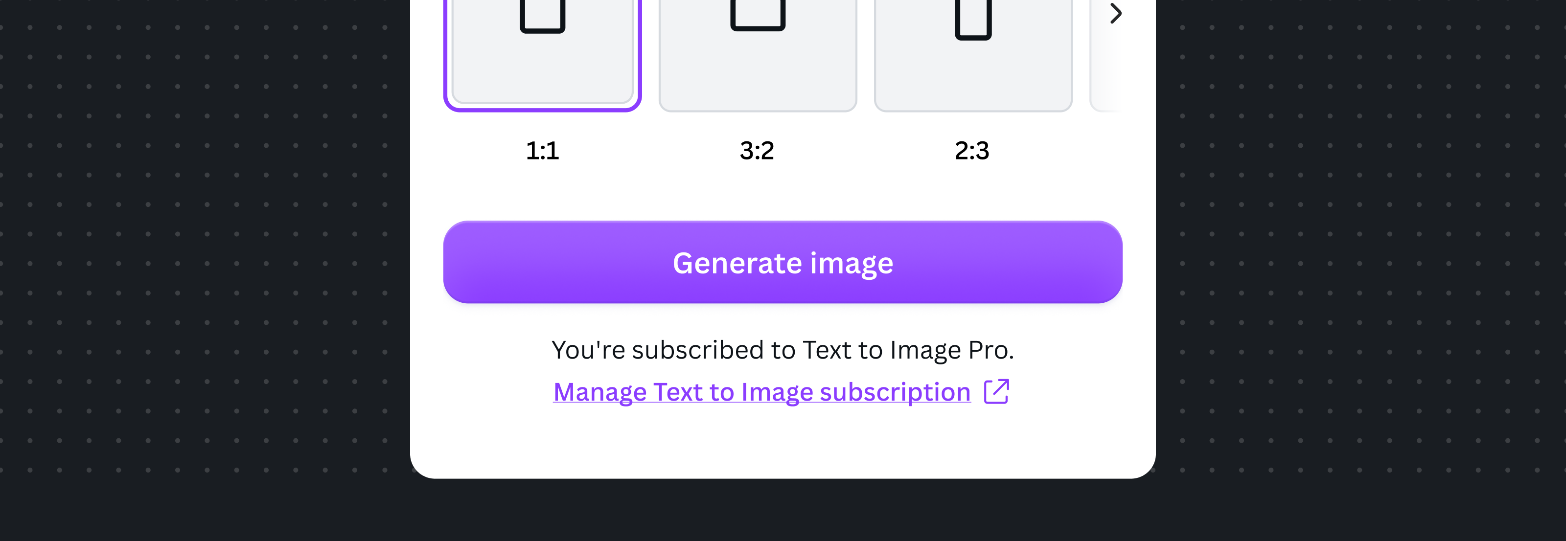 A subscription-based example for a Text to Image app, showing 'You're subscribed to Text to Image Pro.' and a 'Manage Text to Image subscription' link below the Generate image button.
