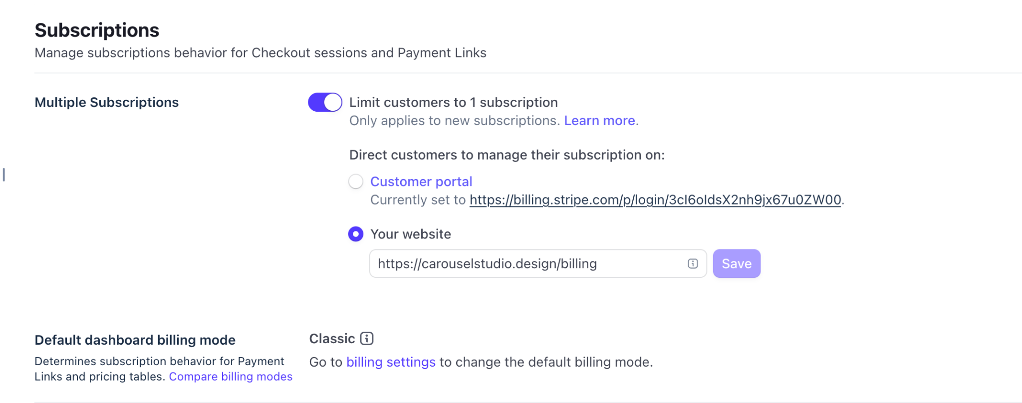 Screenshot of Stripe checkout settings that limit customers to one active subscription.