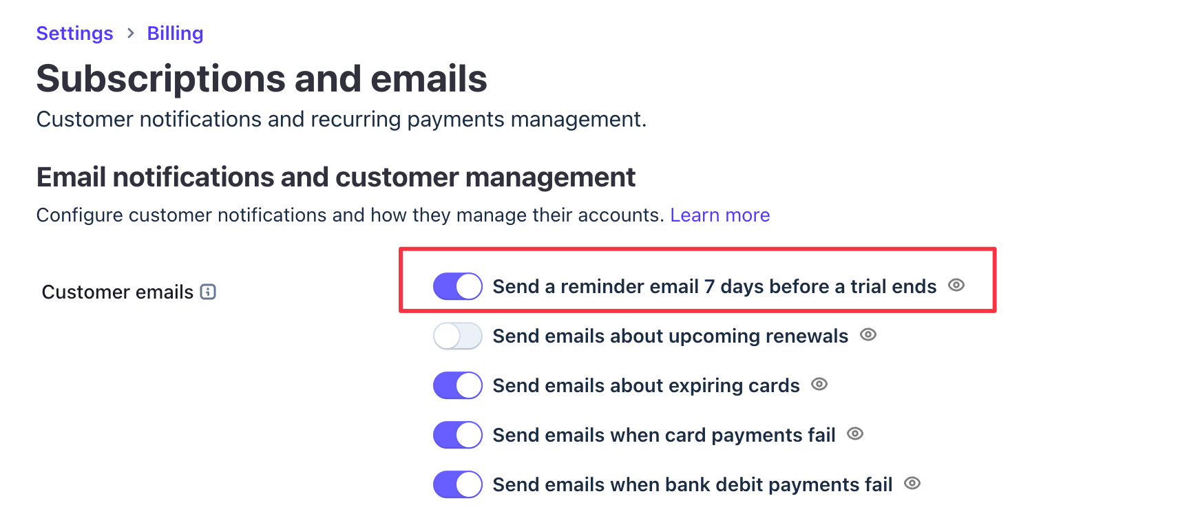 Screenshot of Stripe subscription email reminder settings for trial-to-paid conversions.