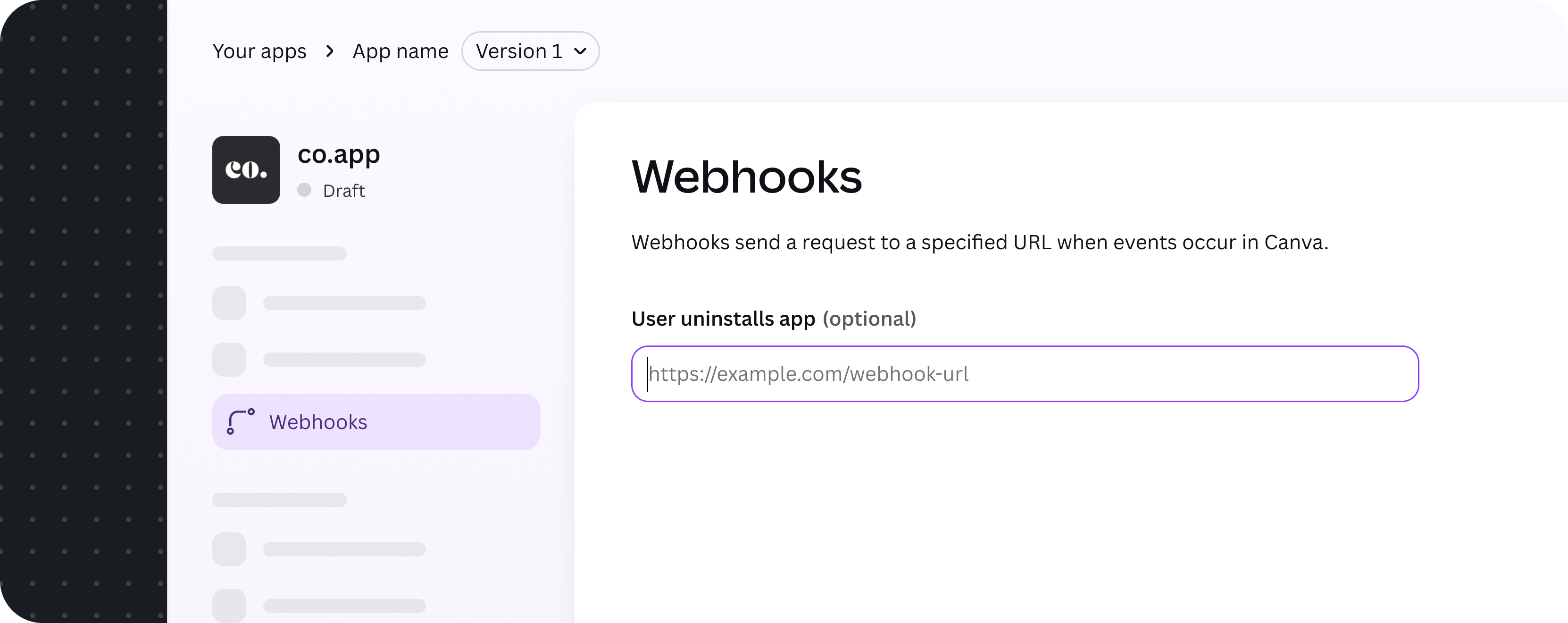 The Webhooks tab in the Developer Portal showing the 'User uninstalls app (optional)' URL input field where you enter your webhook URL.